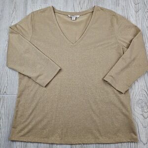 Spanner Sweater Womens Large‎ Gold Metallic V Neck 3/4 Sleeve Pullover Shimmer
